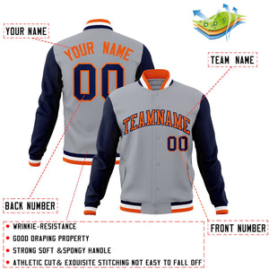 Custom Gray Orange-Navy Varsity Full-Snap Raglan Sleeves Letterman Baseball Jacket