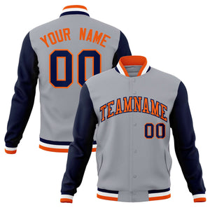 Custom Gray Orange-Navy Varsity Full-Snap Raglan Sleeves Letterman Baseball Jacket