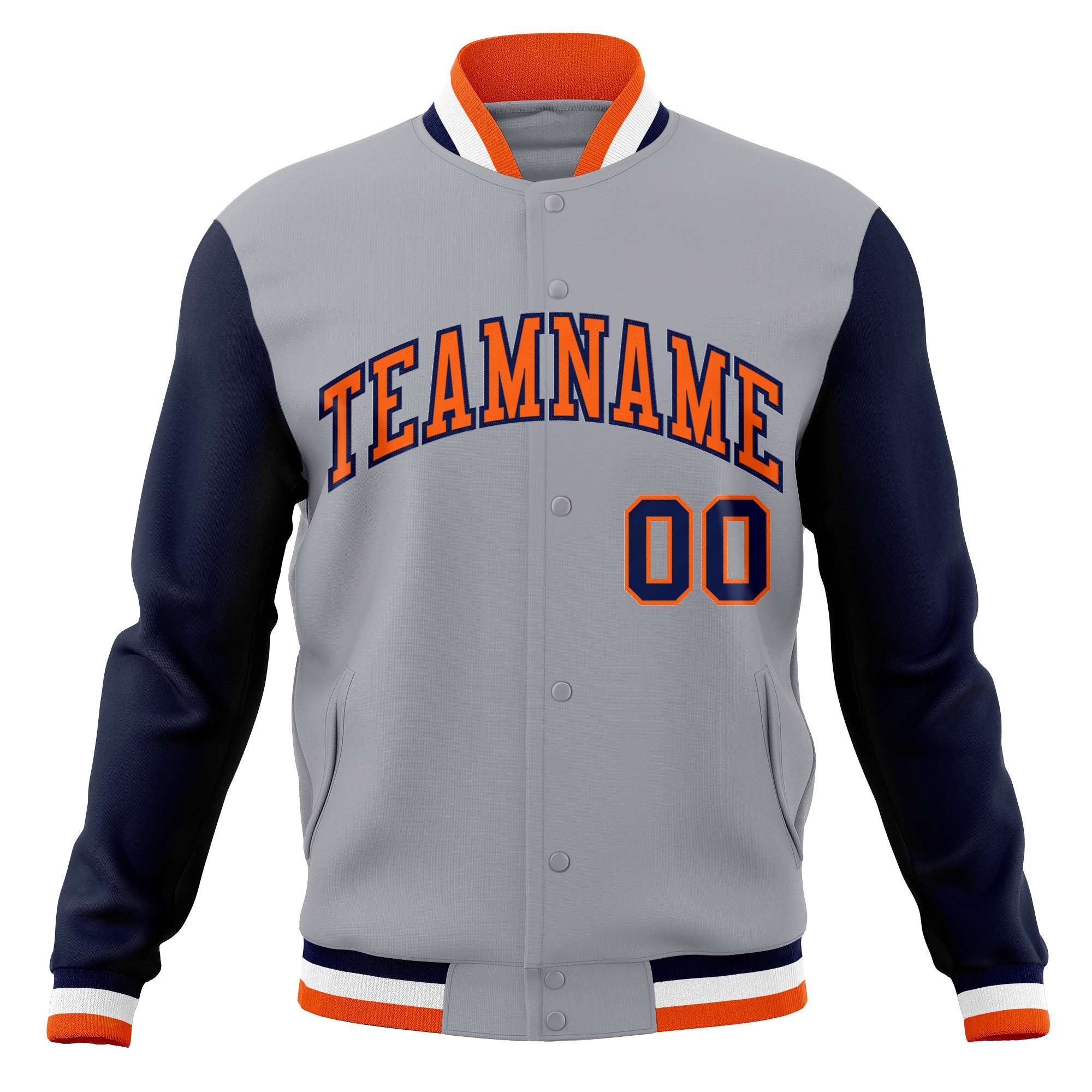 Custom Gray Orange-Navy Varsity Full-Snap Raglan Sleeves Letterman Baseball Jacket