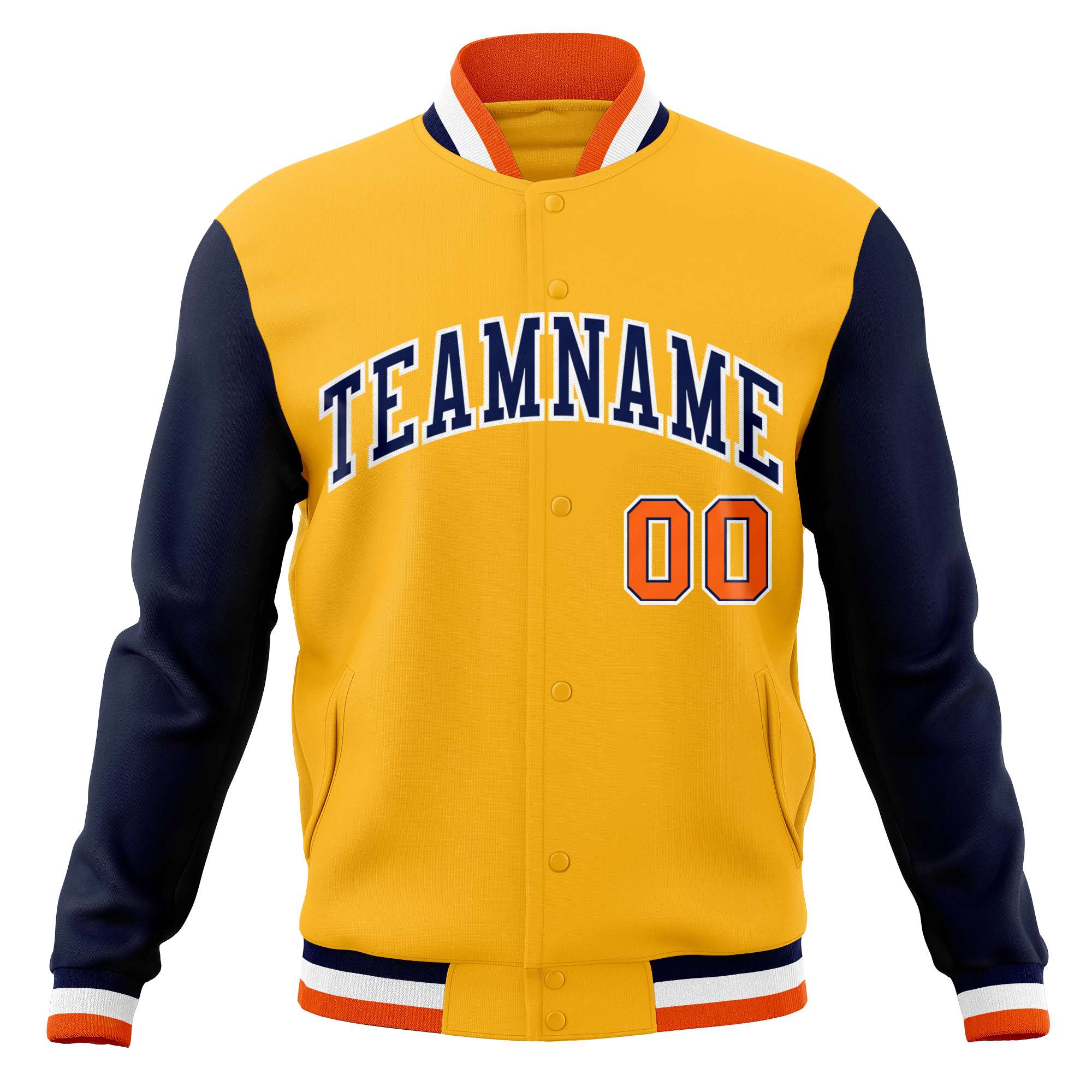 Custom Yellow Navy-White Varsity Full-Snap Raglan Sleeves Letterman Baseball Jacket