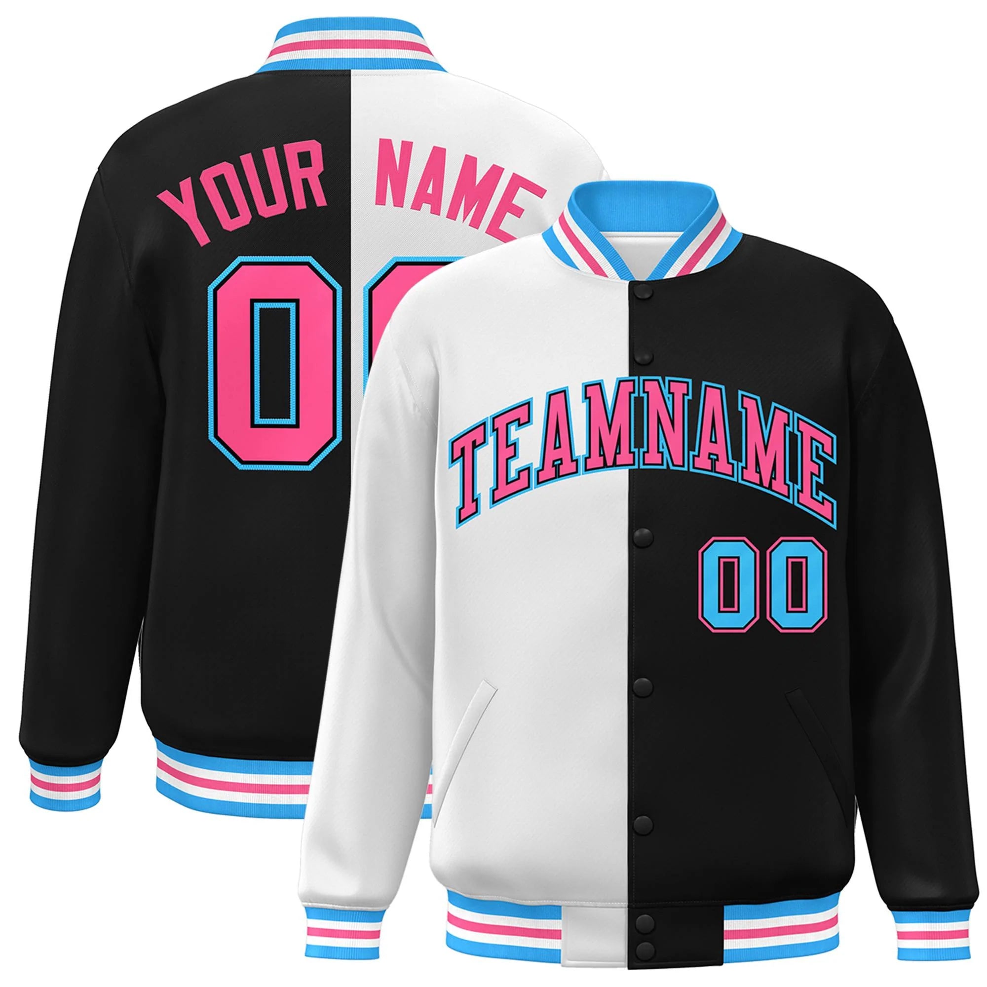 Custom Black White-Pink Letterman Two Tone Split Fashion Varsity Full-Snap Jacket