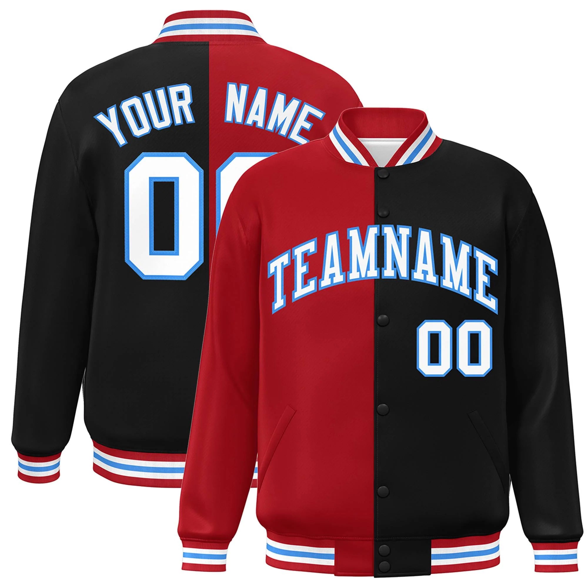 Custom Black Red-White Letterman Two Tone Split Fashion Varsity Full-Snap Jacket