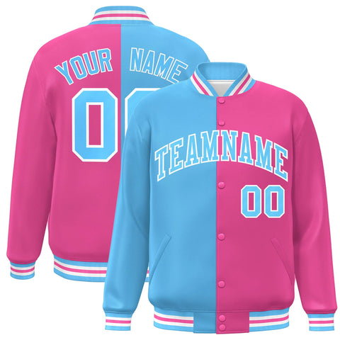 Custom Pink Light Blue-White Letterman Two Tone Split Fashion Varsity Full-Snap Jacket