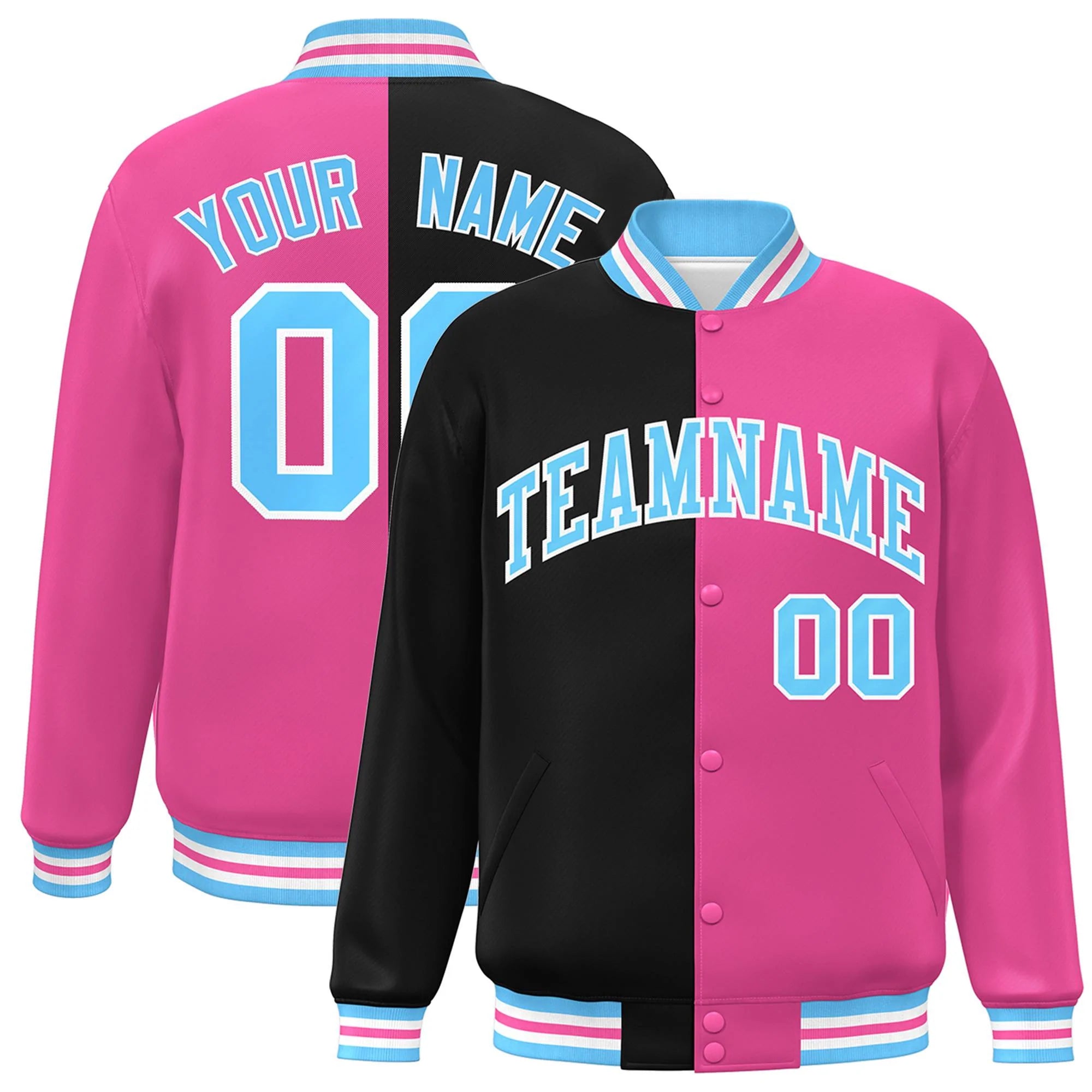 Custom Pink Black-Powder Blue Letterman Two Tone Split Fashion Varsity Full-Snap Jacket