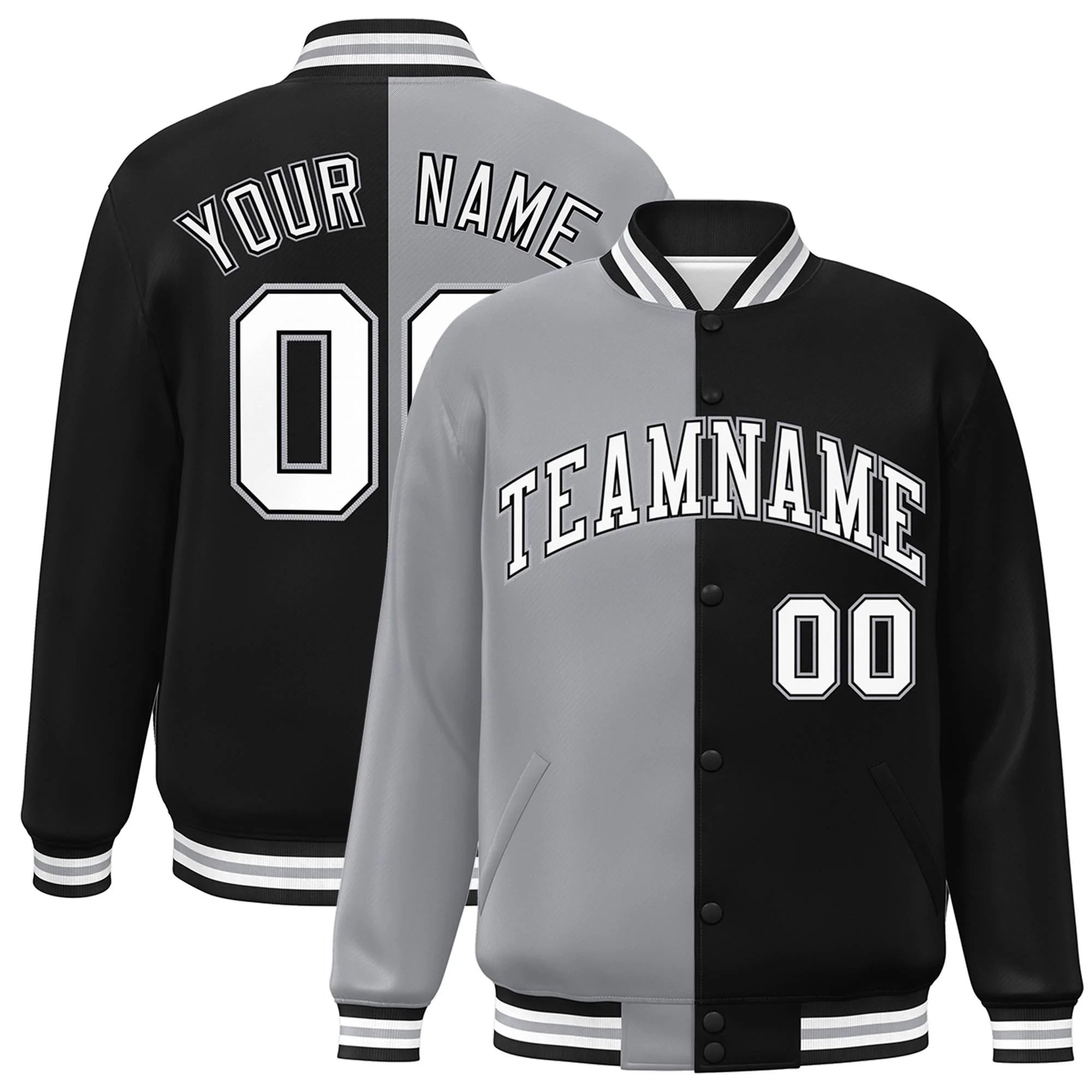 Custom Black Gray-White Letterman Two Tone Split Fashion Varsity Full-Snap Jacket