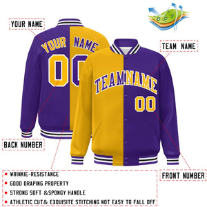 Custom Purple Gold-White Letterman Two Tone Split Fashion Varsity Full-Snap Jacket