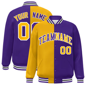 Custom Purple Gold-White Letterman Two Tone Split Fashion Varsity Full-Snap Jacket