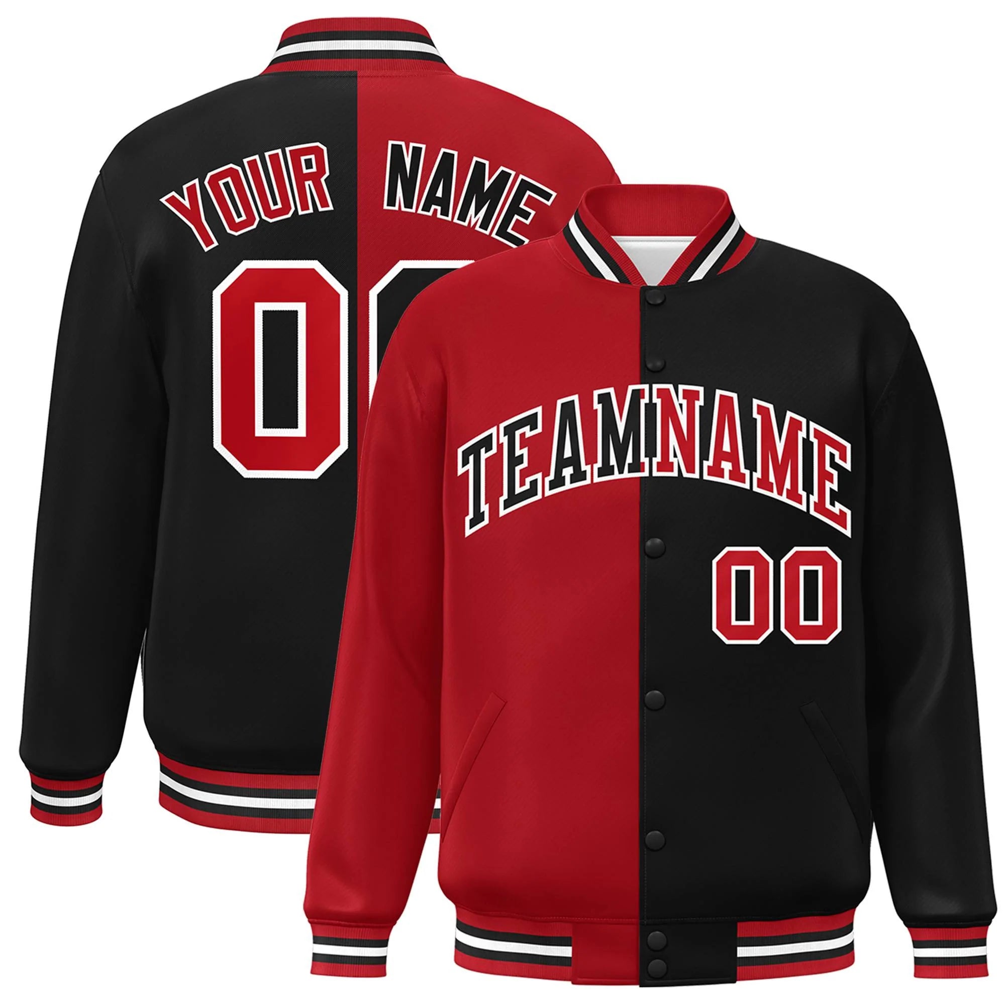 Custom Black Red-White Letterman Two Tone Split Fashion Varsity Full-Snap Jacket