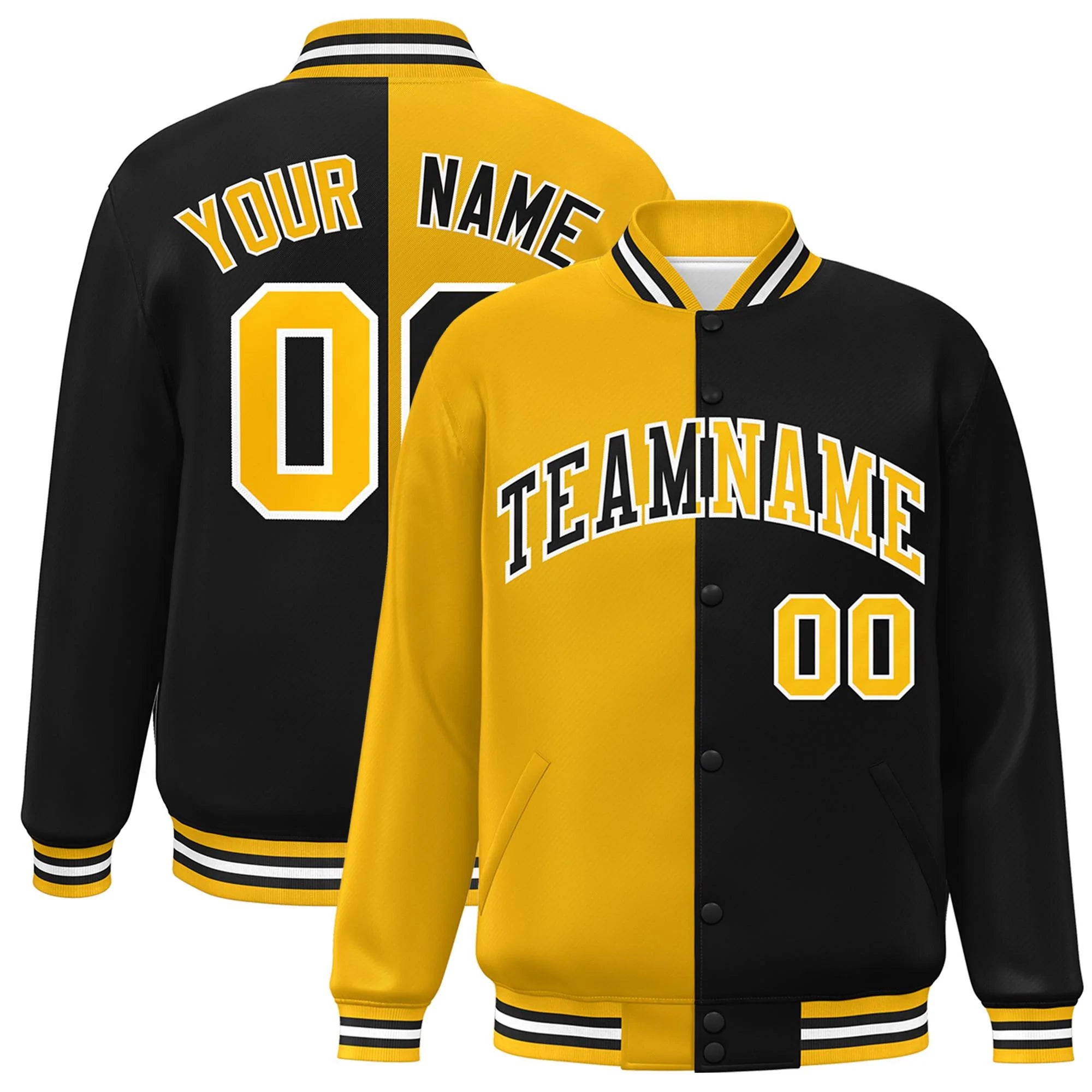 Custom Black Gold-White Letterman Two Tone Split Fashion Varsity Full-Snap Jacket