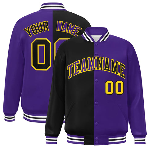 Custom Purple Black-Gold Letterman Two Tone Split Fashion Varsity Full-Snap Jacket