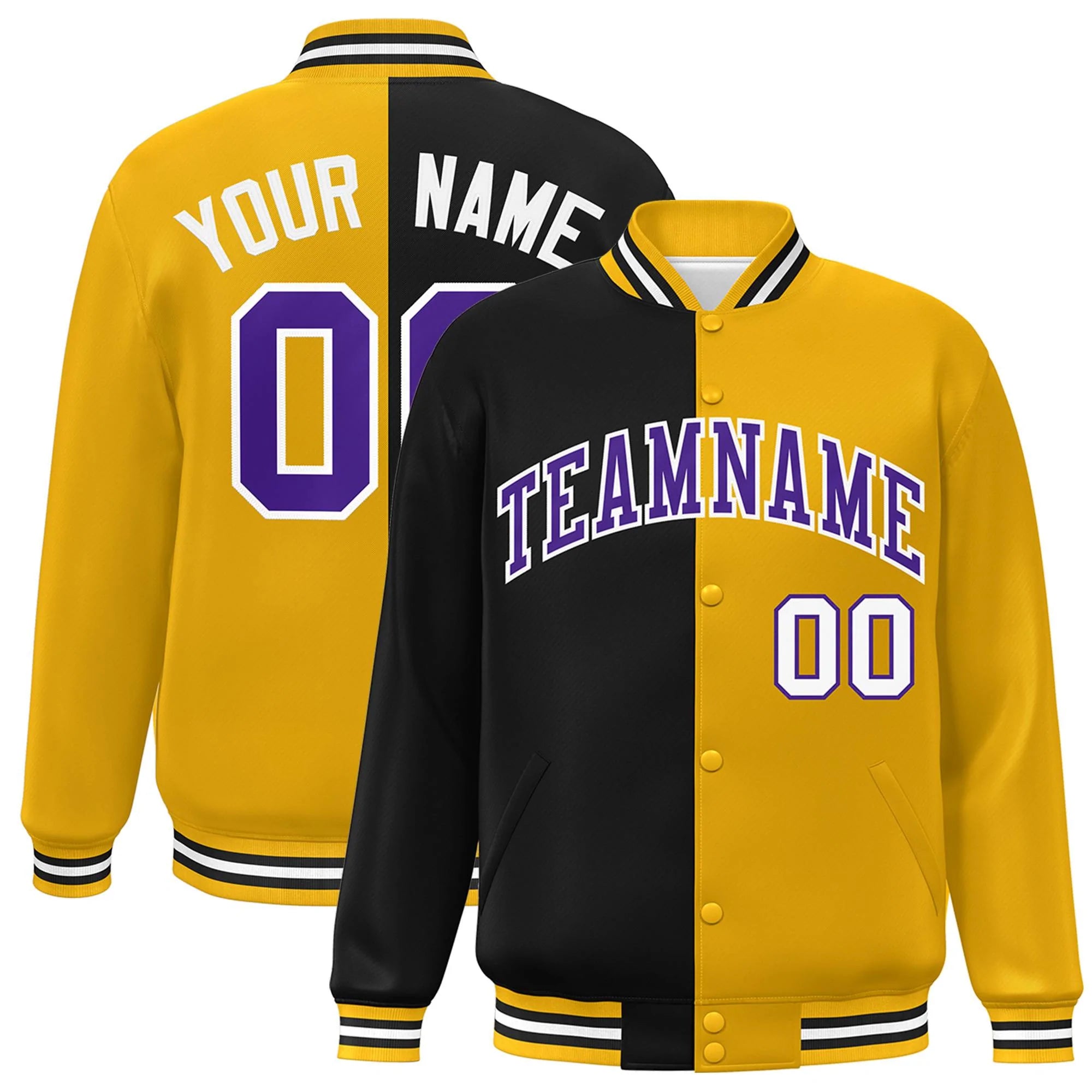 Custom Gold Black-Purple Letterman Two Tone Split Fashion Varsity Full-Snap Jacket