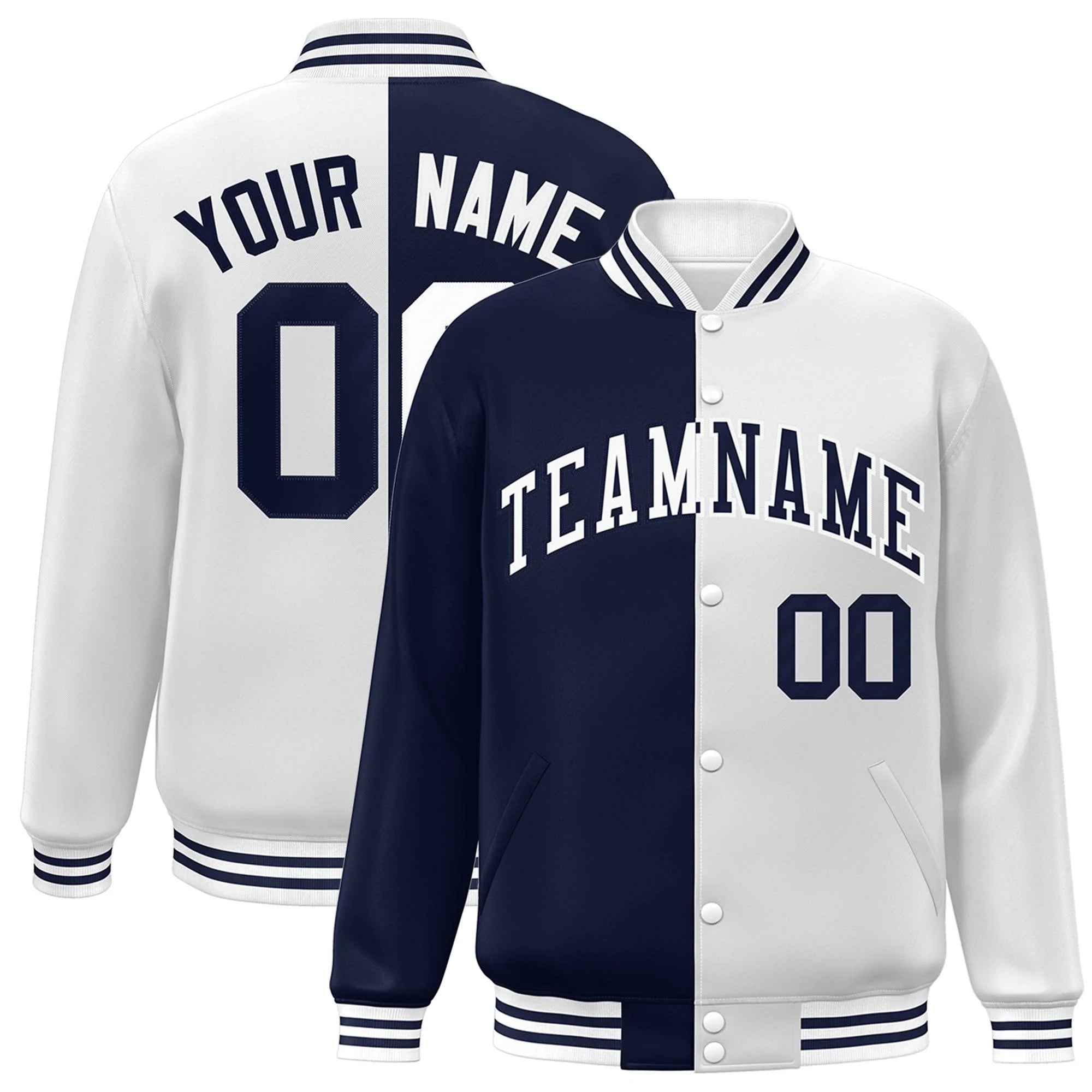 Custom White Navy Letterman Two Tone Split Fashion Varsity Full-Snap Jacket