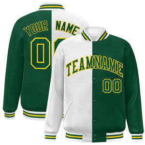 Custom Green White-Gold Letterman Two Tone Split Fashion Varsity Full-Snap Jacket