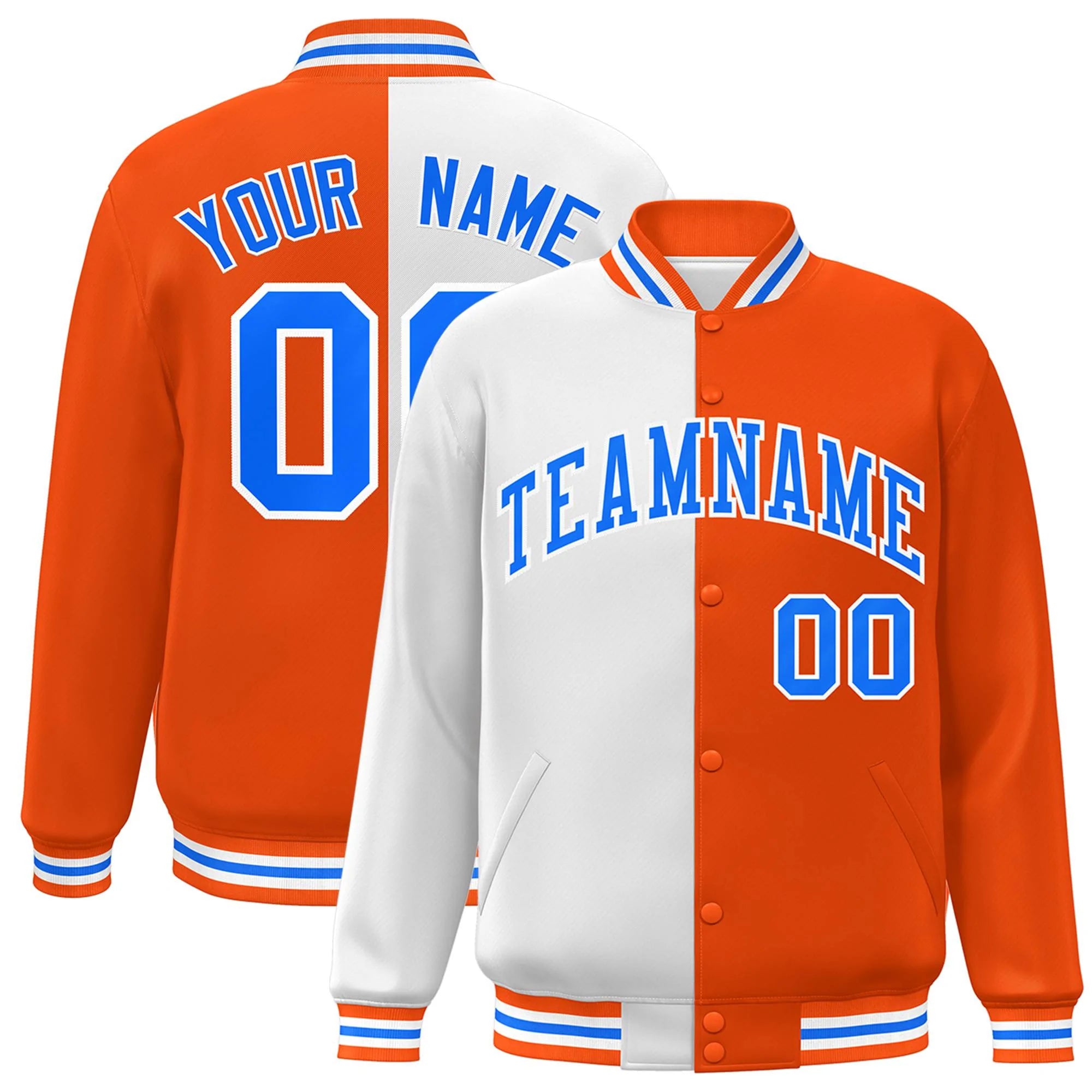 Custom Orange Blanc-Bleu Poudre Letterman Deux Tons Split Fashion Varsity Full-Snap Jacket