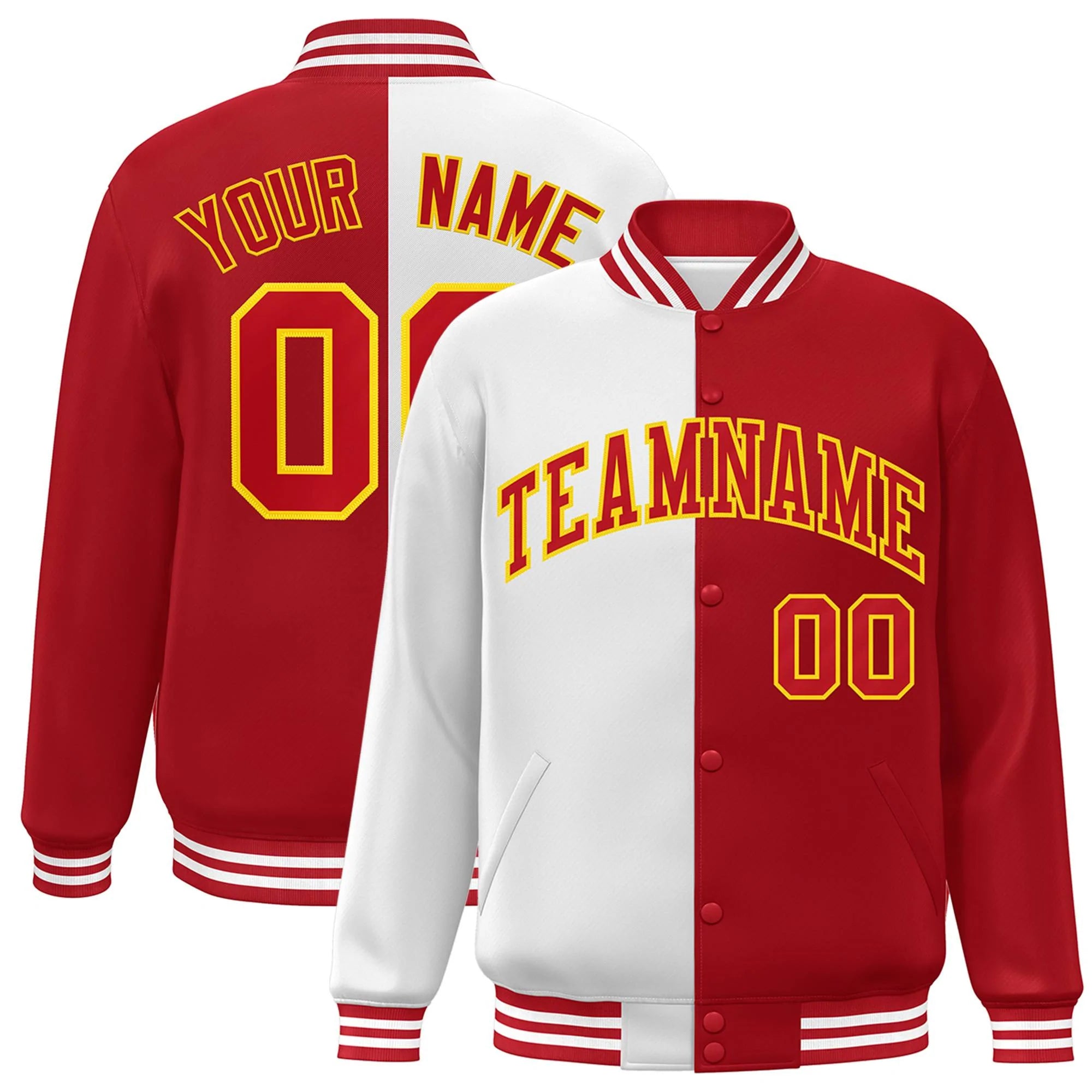 Custom Red White-Gold Letterman Two Tone Split Fashion Varsity Full-Snap Jacket