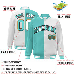 Custom White Aqua-Navy Letterman Two Tone Split Fashion Varsity Full-Snap Jacket