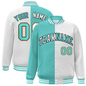 Custom White Aqua-Navy Letterman Two Tone Split Fashion Varsity Full-Snap Jacket