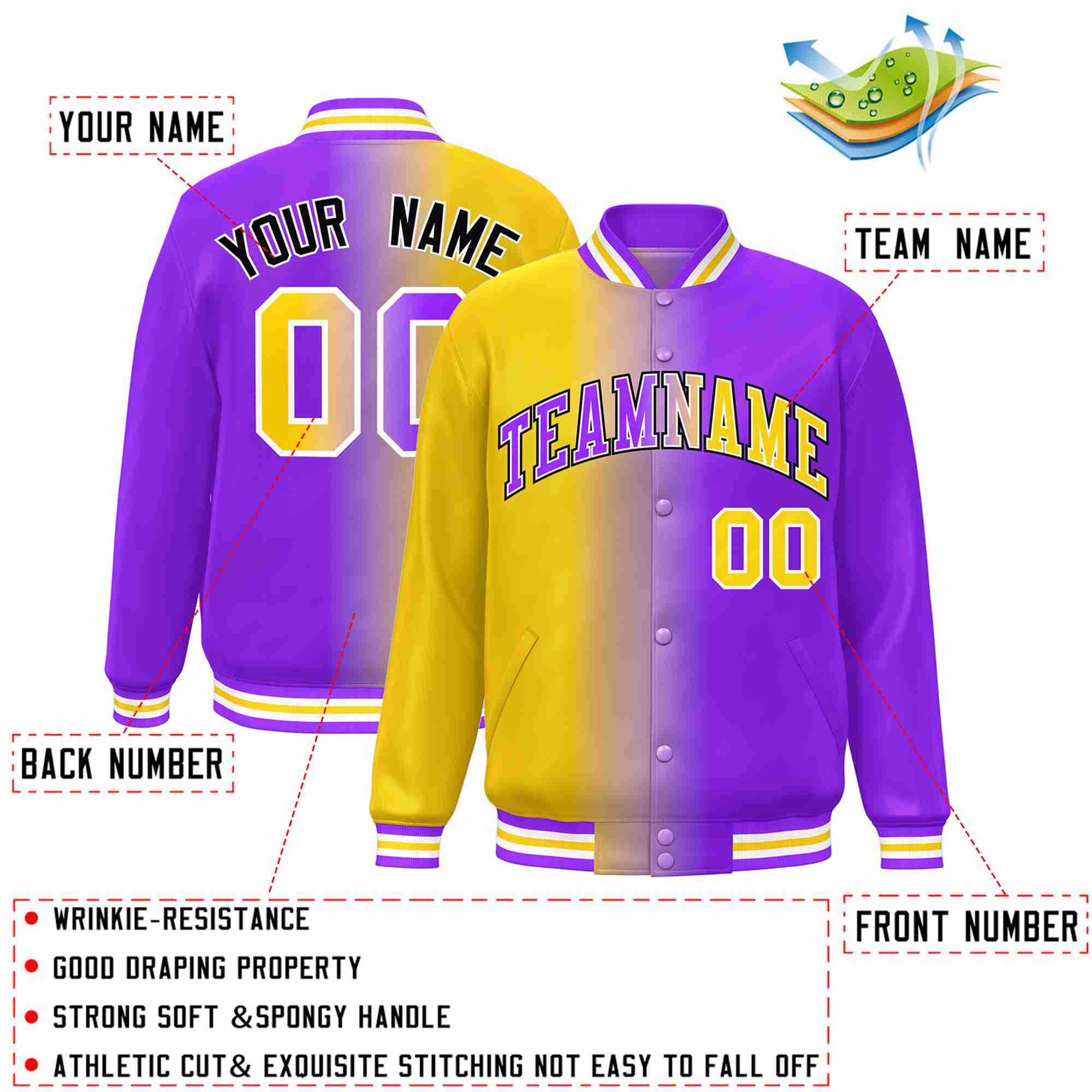 Custom Yellow Purple-White Gradient Fashion Letterman Bomber Varsity Jacket