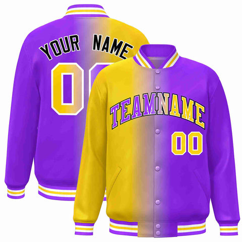 Custom Yellow Purple-White Gradient Fashion Letterman Bomber Varsity Jacket