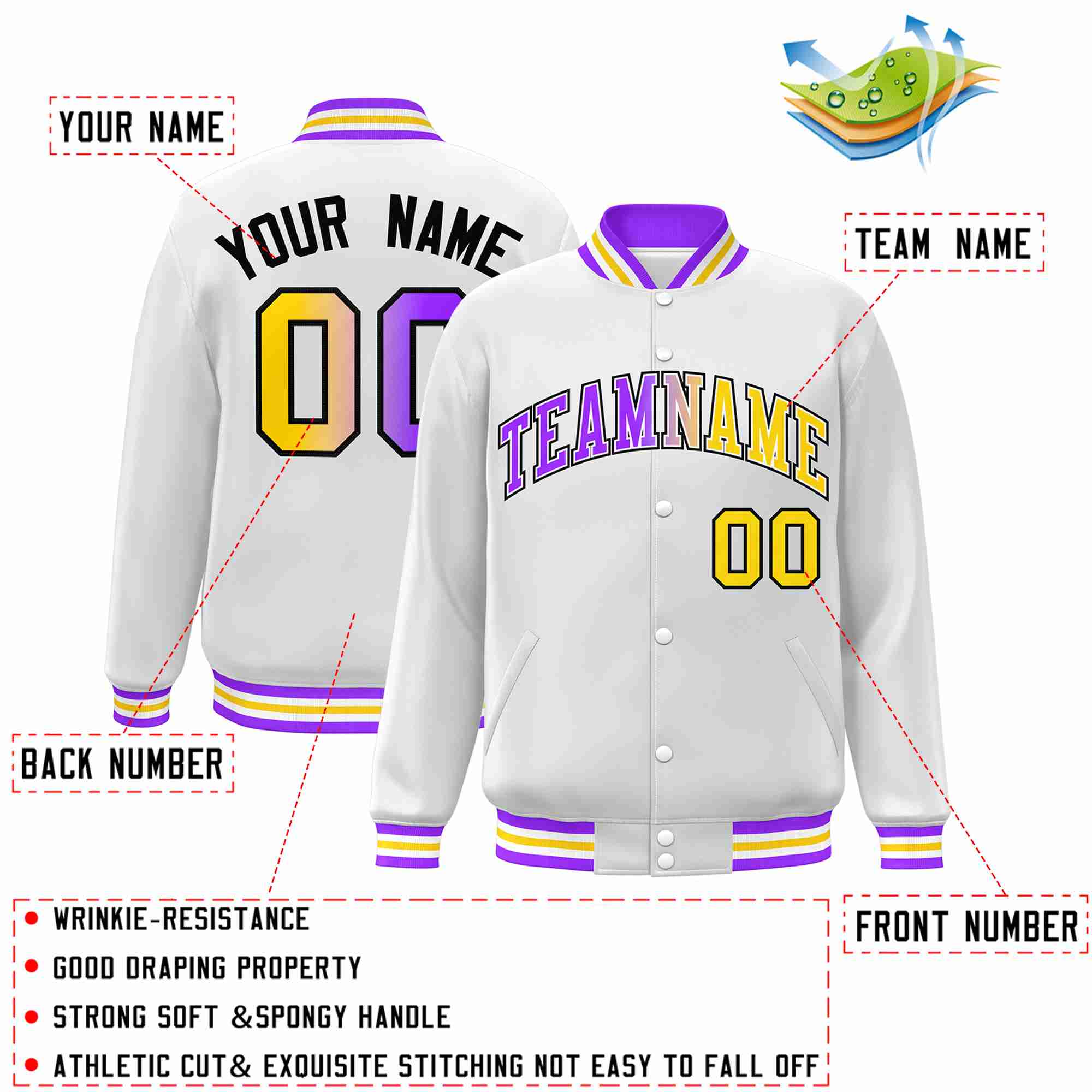 Custom White Purple-White Gradient Fashion Letterman Bomber Varsity Jacket