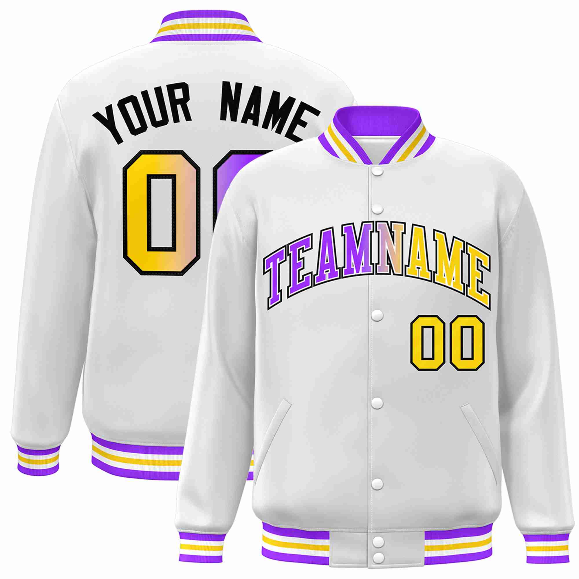 Custom White Purple-White Gradient Fashion Letterman Bomber Varsity Jacket