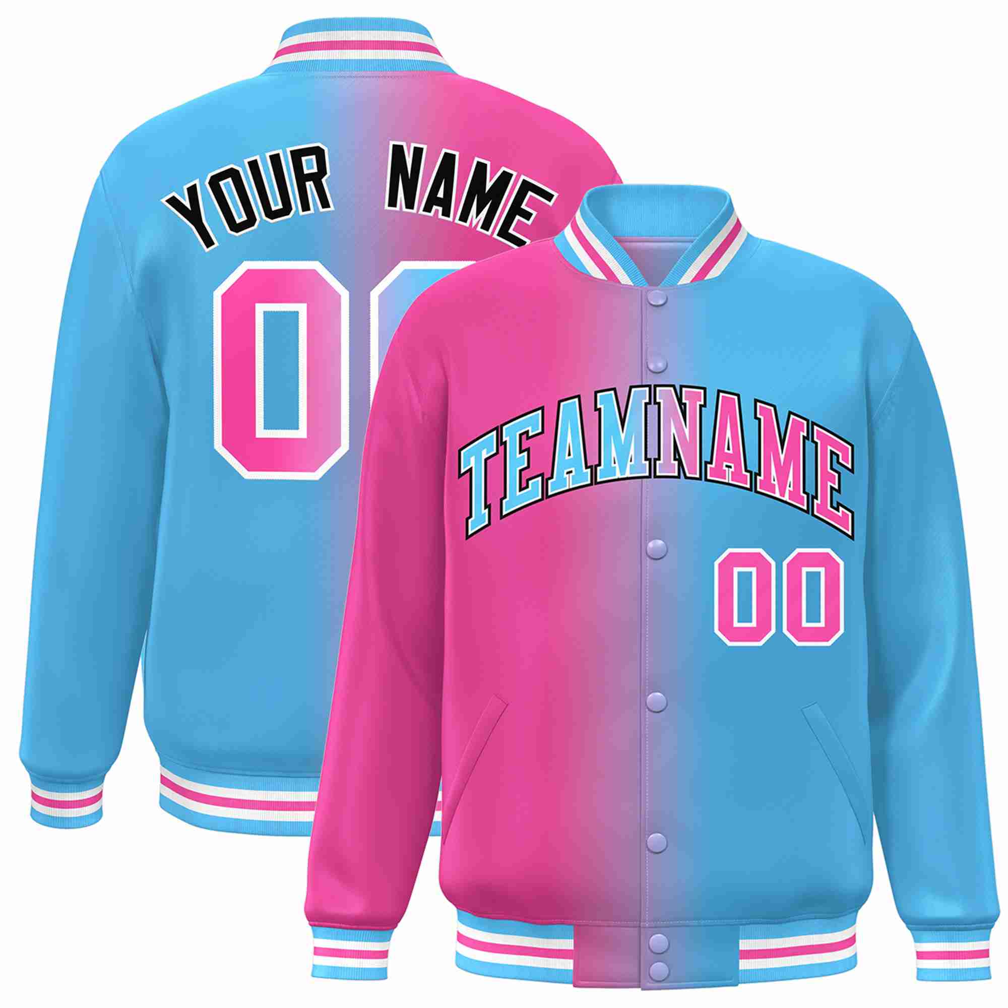 Custom Pink Powder Blue-Black Gradient Fashion Letterman Bomber Varsity Jacket