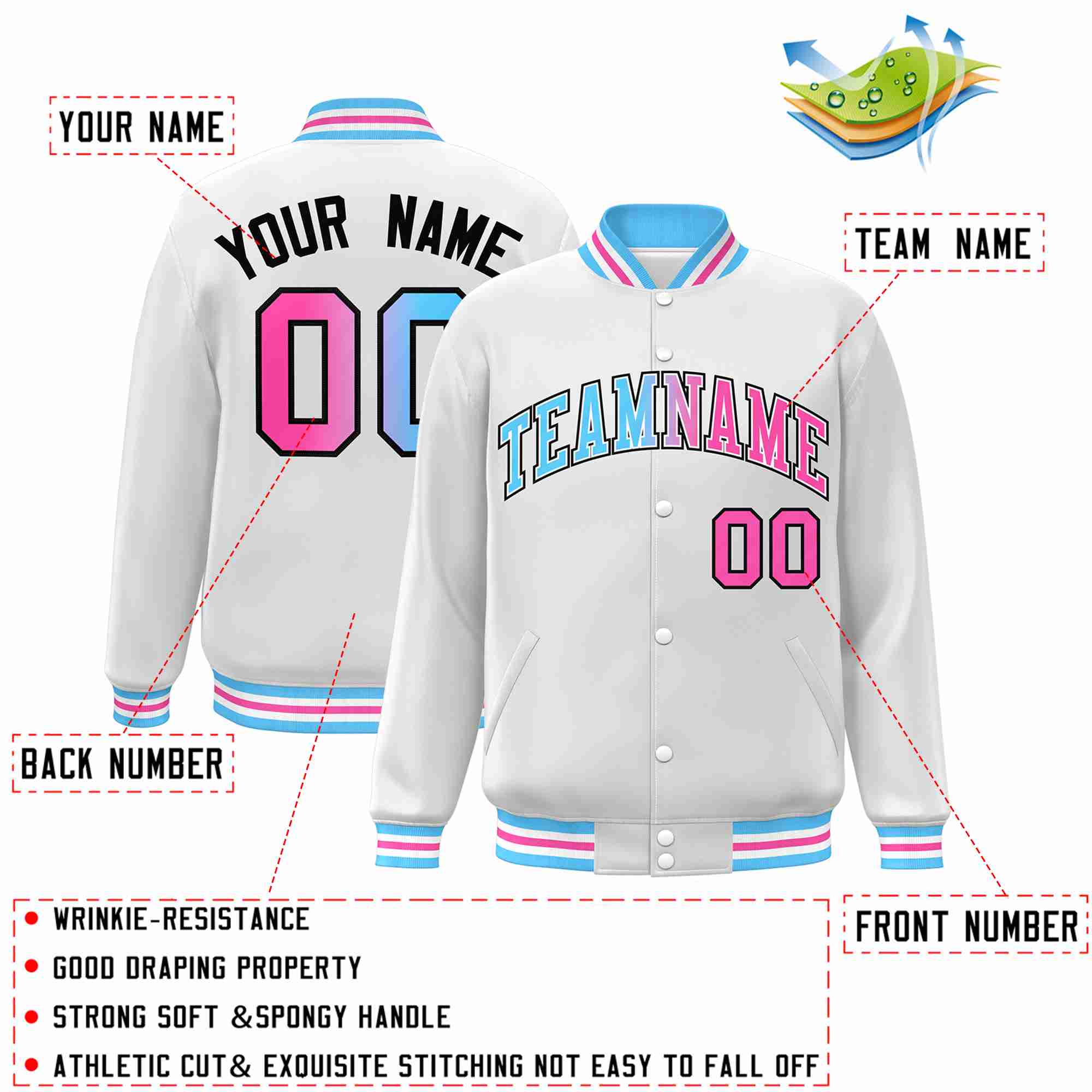 Custom White Powder Blue-White Gradient Fashion Letterman Bomber Varsity Jacket