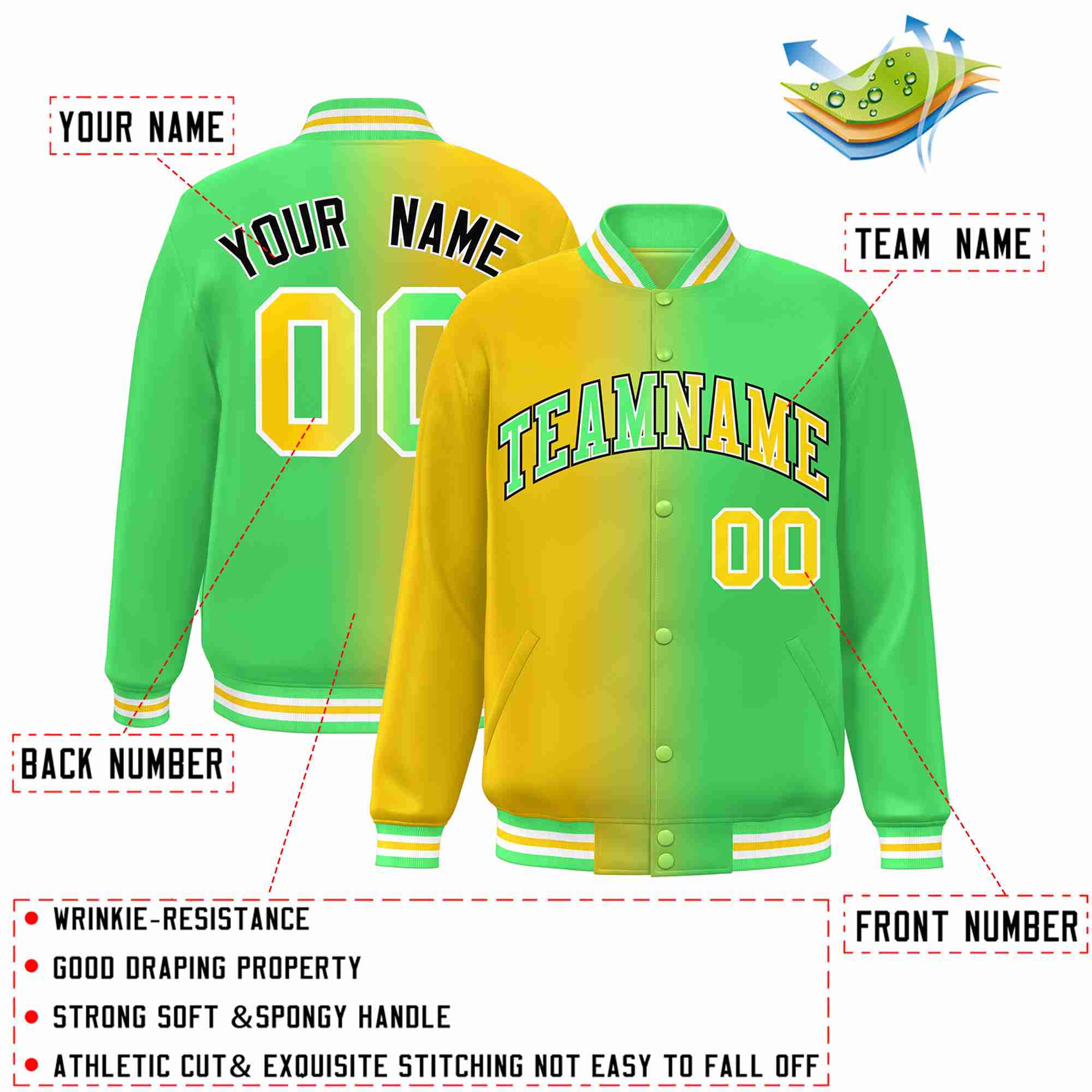 Custom Yellow Neon Green-White Gradient Fashion Letterman Bomber Varsity Jacket