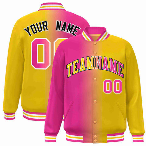 Custom Pink Yellow-White Gradient Fashion Letterman Bomber Varsity Jacket