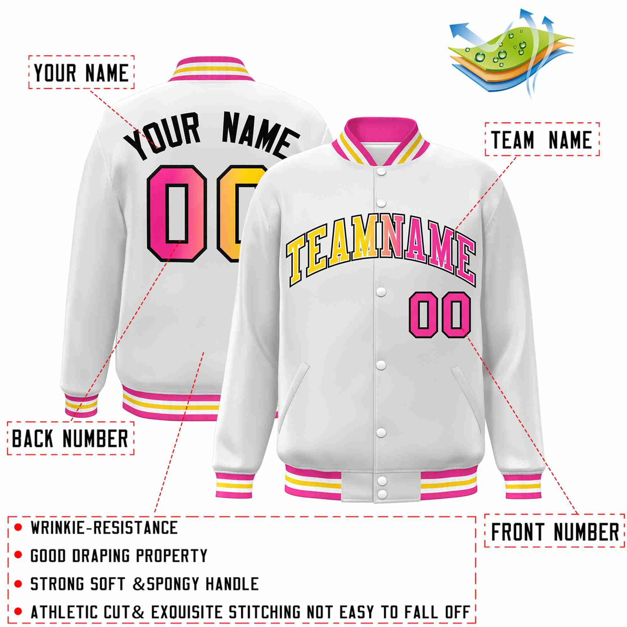 Custom White Yellow-White Gradient Fashion Letterman Bomber Varsity Jacket