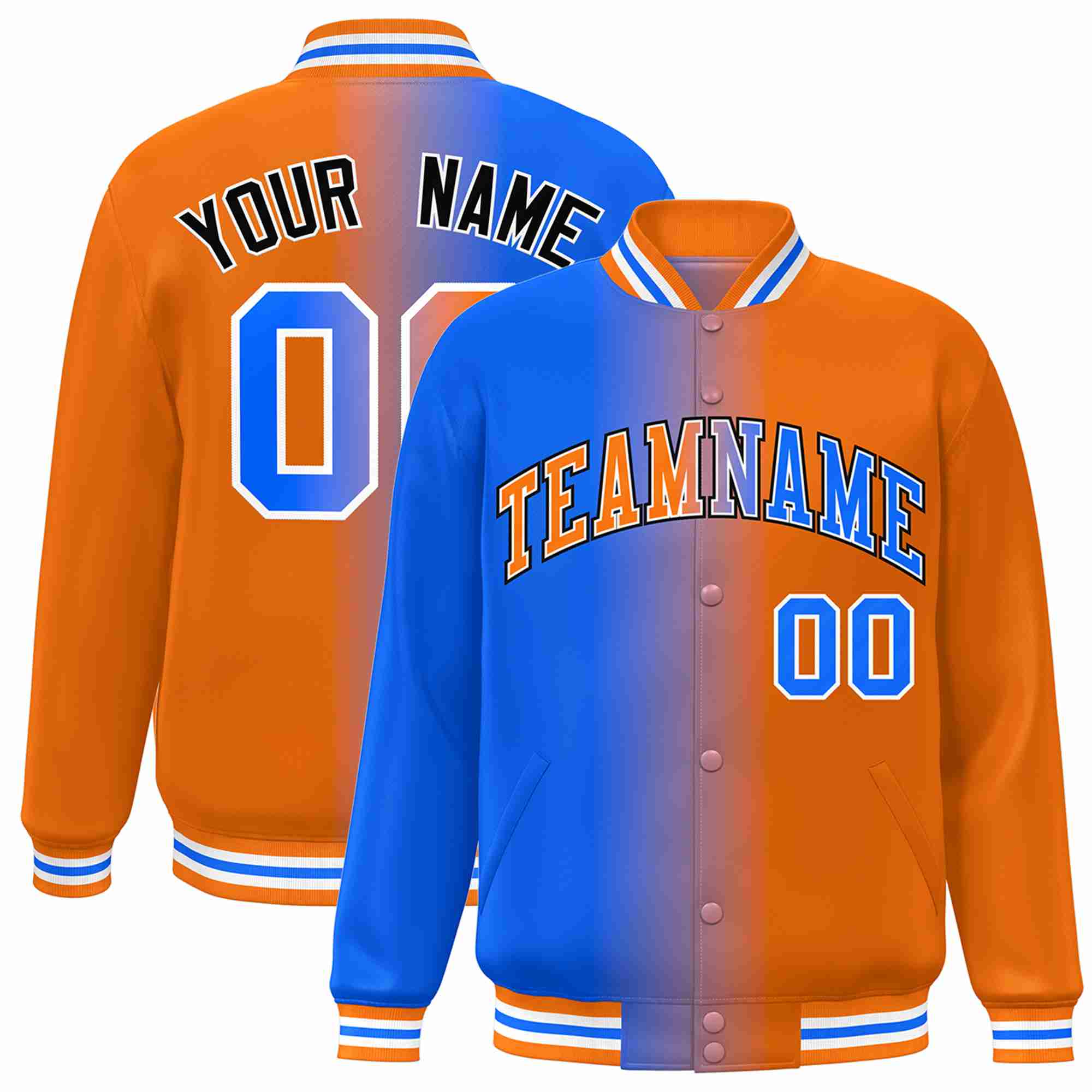 Custom Blue Orange-White Gradient Fashion Letterman Bomber Varsity Jacket