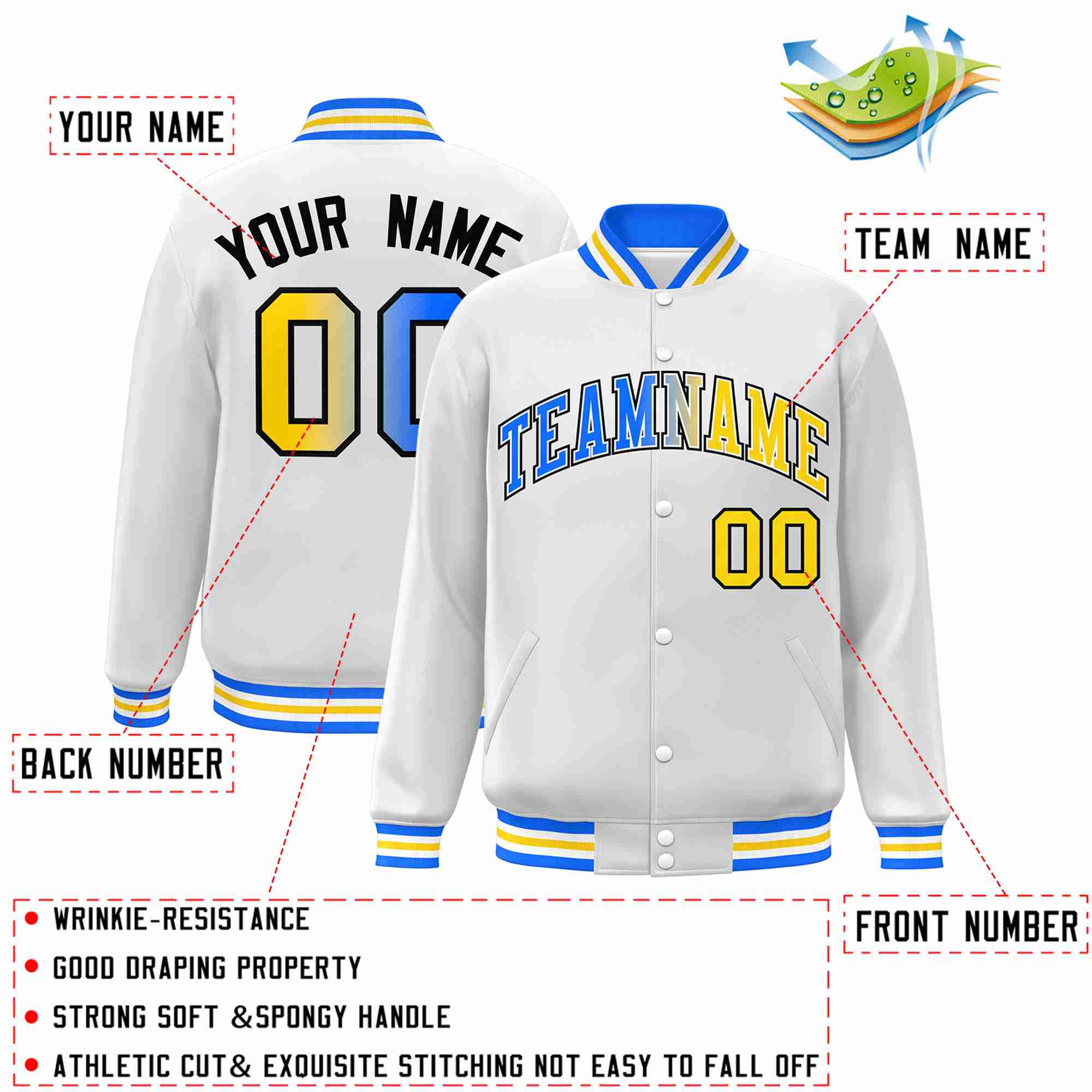 Custom White Yellow-White Gradient Fashion Letterman Bomber Varsity Jacket