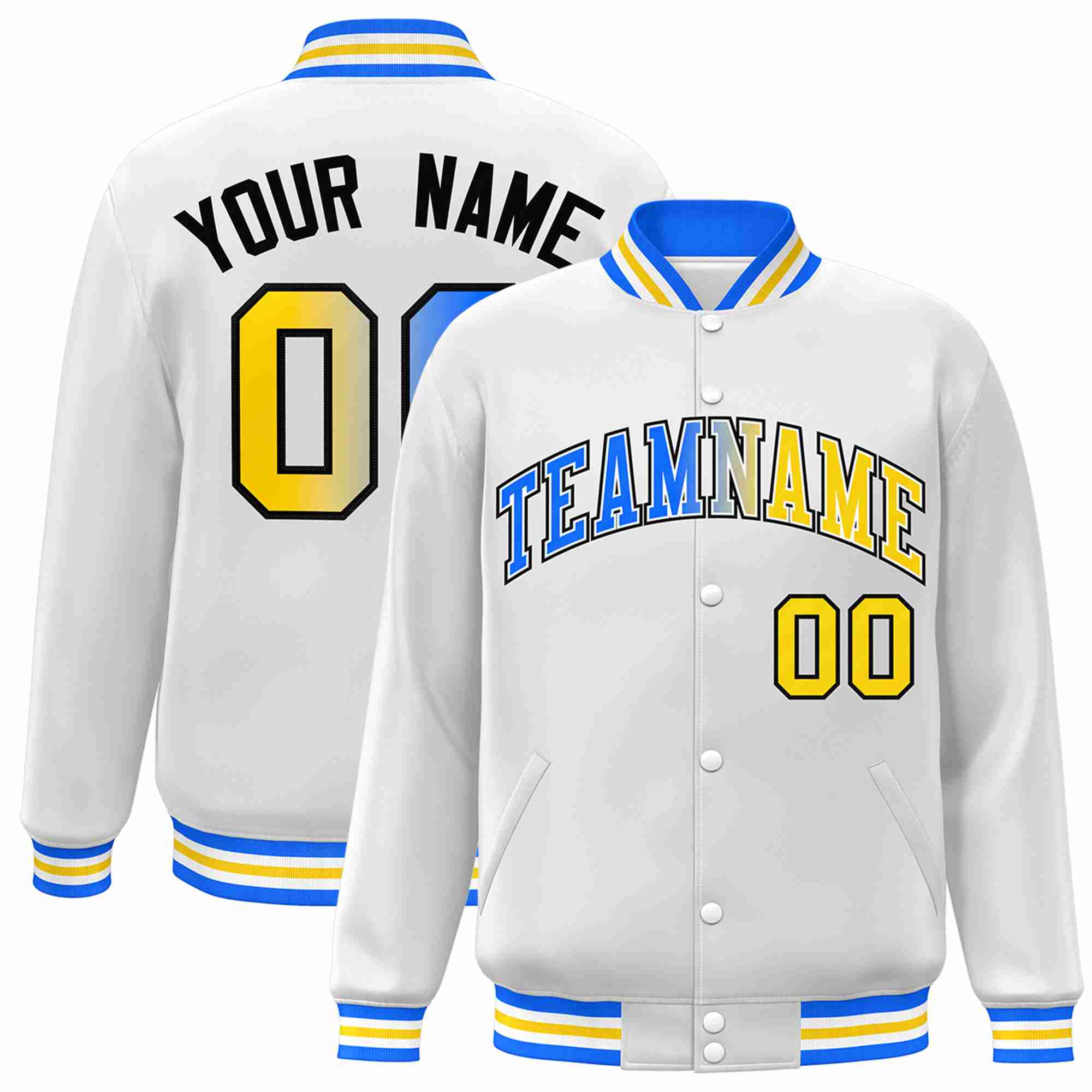 Custom White Yellow-White Gradient Fashion Letterman Bomber Varsity Jacket