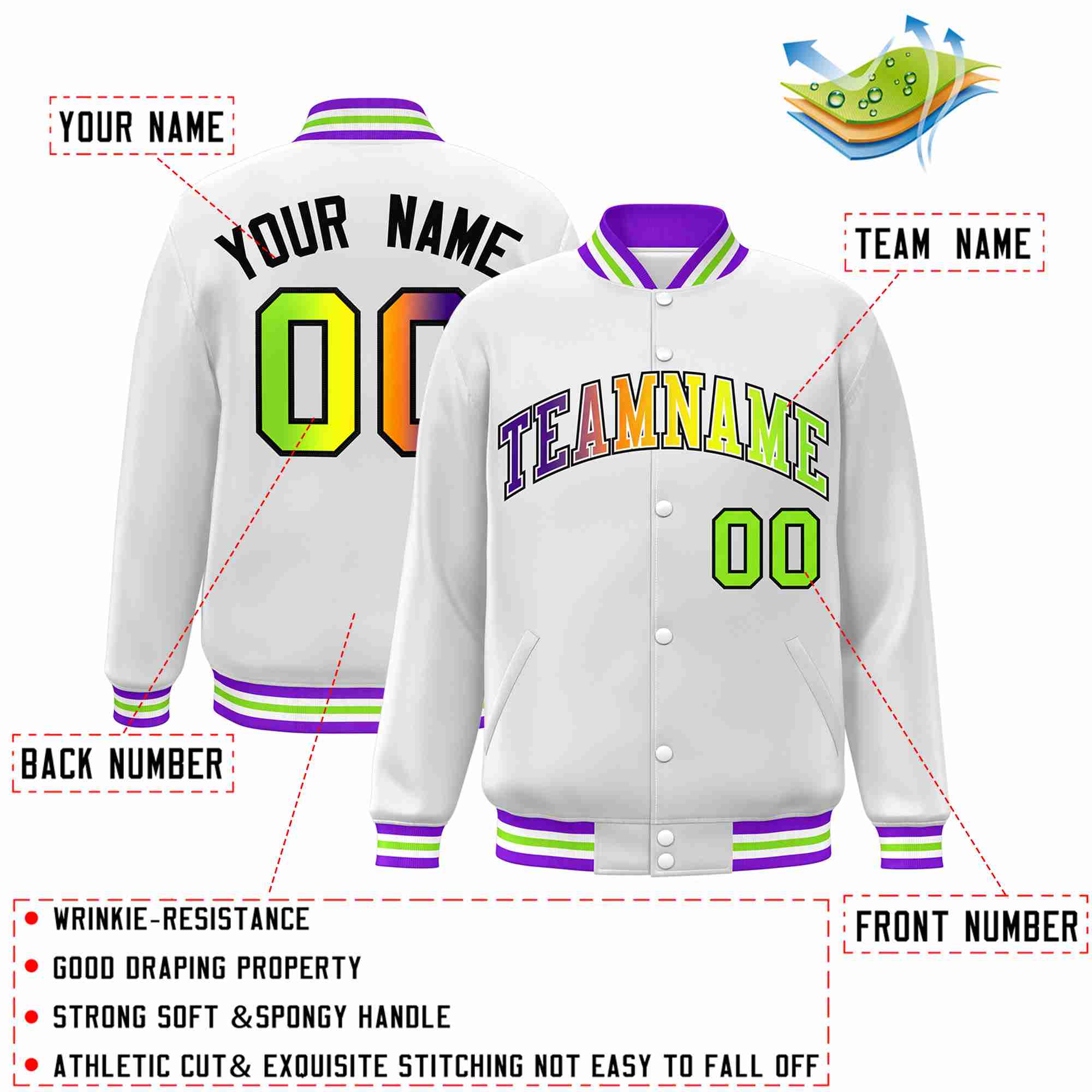 Custom White Purple-White Gradient Fashion Letterman Bomber Varsity Jacket