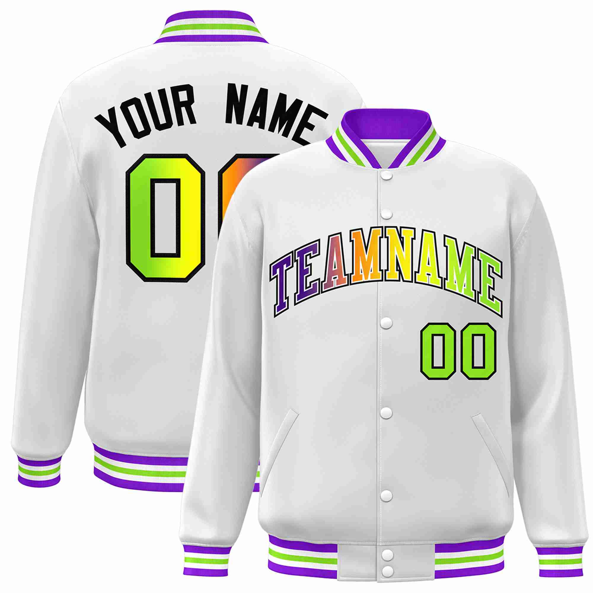 Custom White Purple-White Gradient Fashion Letterman Bomber Varsity Jacket