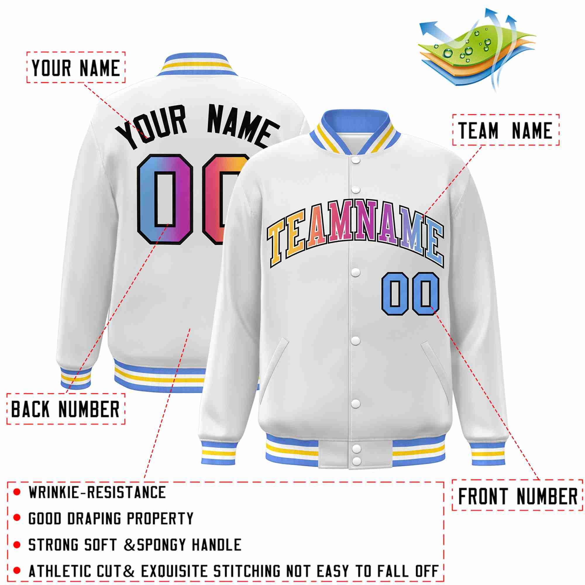 Custom White Yellow-White Gradient Fashion Letterman Bomber Varsity Jacket