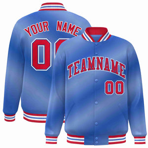 Custom Light Blue Red-Royal Gradient Fashion Letterman Bomber Varsity Jacket