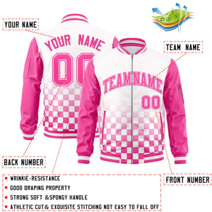 Custom White Pink Grid Varsity Full-Zip Color Block Letterman Raglan Sleeve Jacket