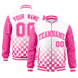 Custom White Pink Grid Varsity Full-Zip Color Block Letterman Raglan Sleeve Jacket