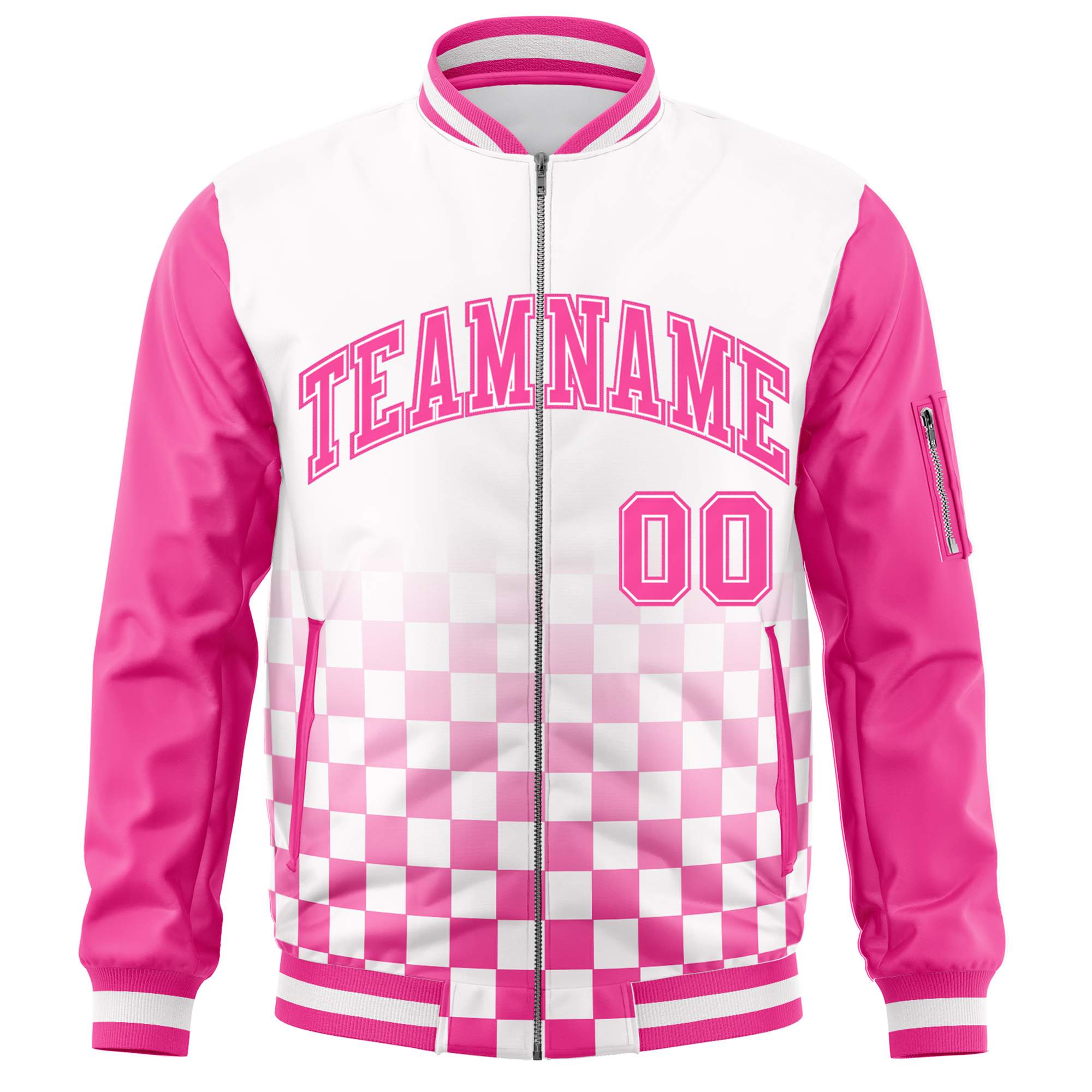 Custom White Pink Grid Varsity Full-Zip Color Block Letterman Raglan Sleeve Jacket