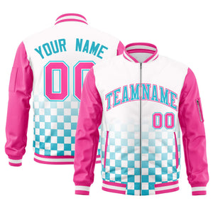 Custom White Light Blue-Pink Grid Varsity Full-Zip Color Block Letterman Raglan Sleeve Jacket