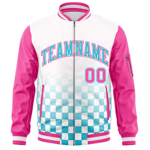 Custom White Light Blue-Pink Grid Varsity Full-Zip Color Block Letterman Raglan Sleeve Jacket