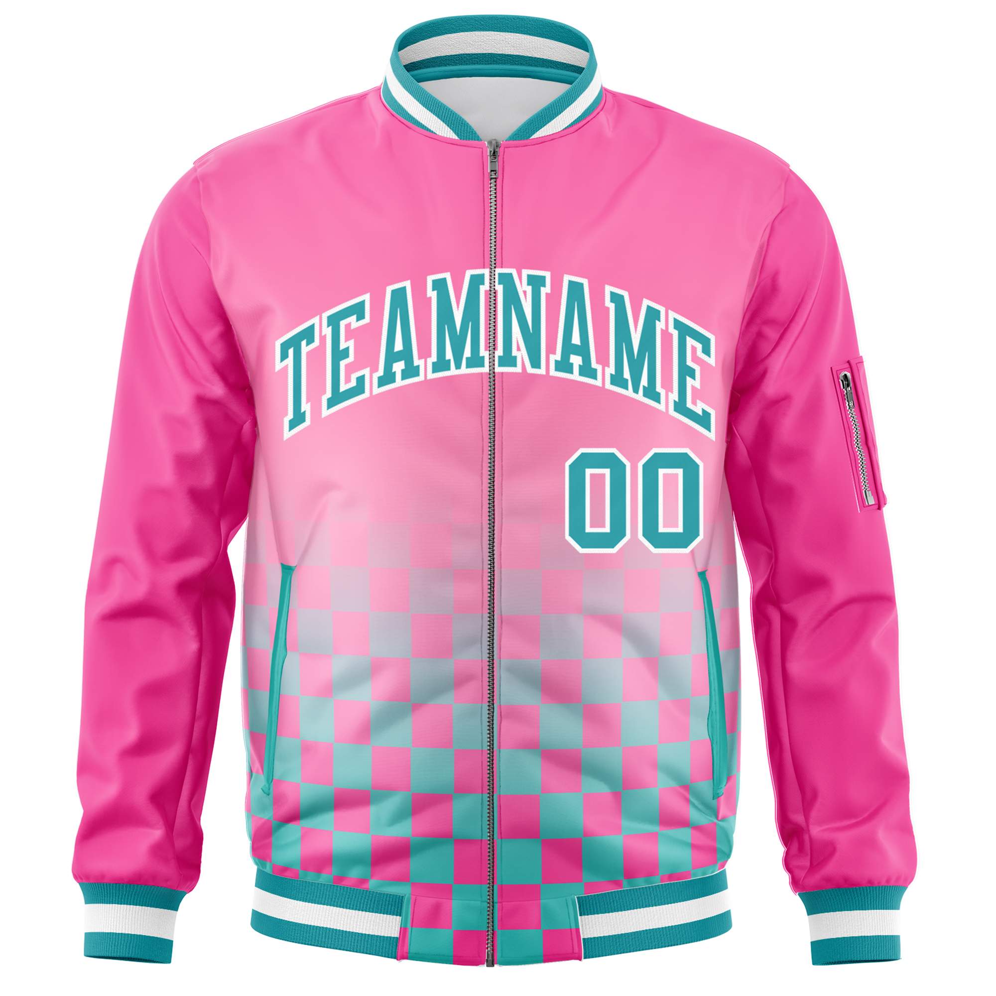 Custom Pink Aqua-White Grid Varsity Full-Zip Color Block Letterman Bomber Jacket