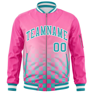 Custom Pink Aqua-White Grid Varsity Full-Zip Color Block Letterman Bomber Jacket