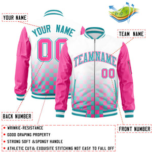 Custom White Aqua-Pink Grid Varsity Full-Zip Color Block Letterman Raglan Sleeve Jacket