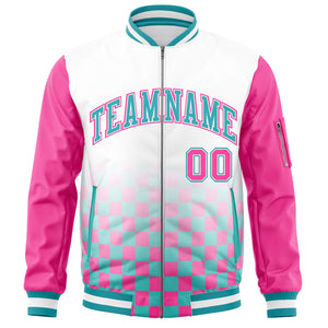 Custom White Aqua-Pink Grid Varsity Full-Zip Color Block Letterman Raglan Sleeve Jacket