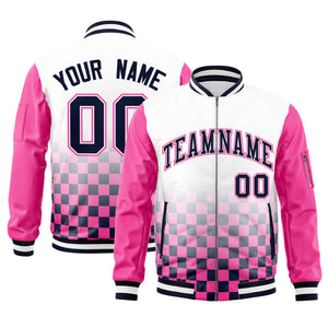 Custom White Navy-Pink Grid Varsity Full-Zip Color Block Letterman Raglan Sleeve Jacket