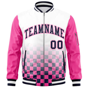 Custom White Navy-Pink Grid Varsity Full-Zip Color Block Letterman Raglan Sleeve Jacket