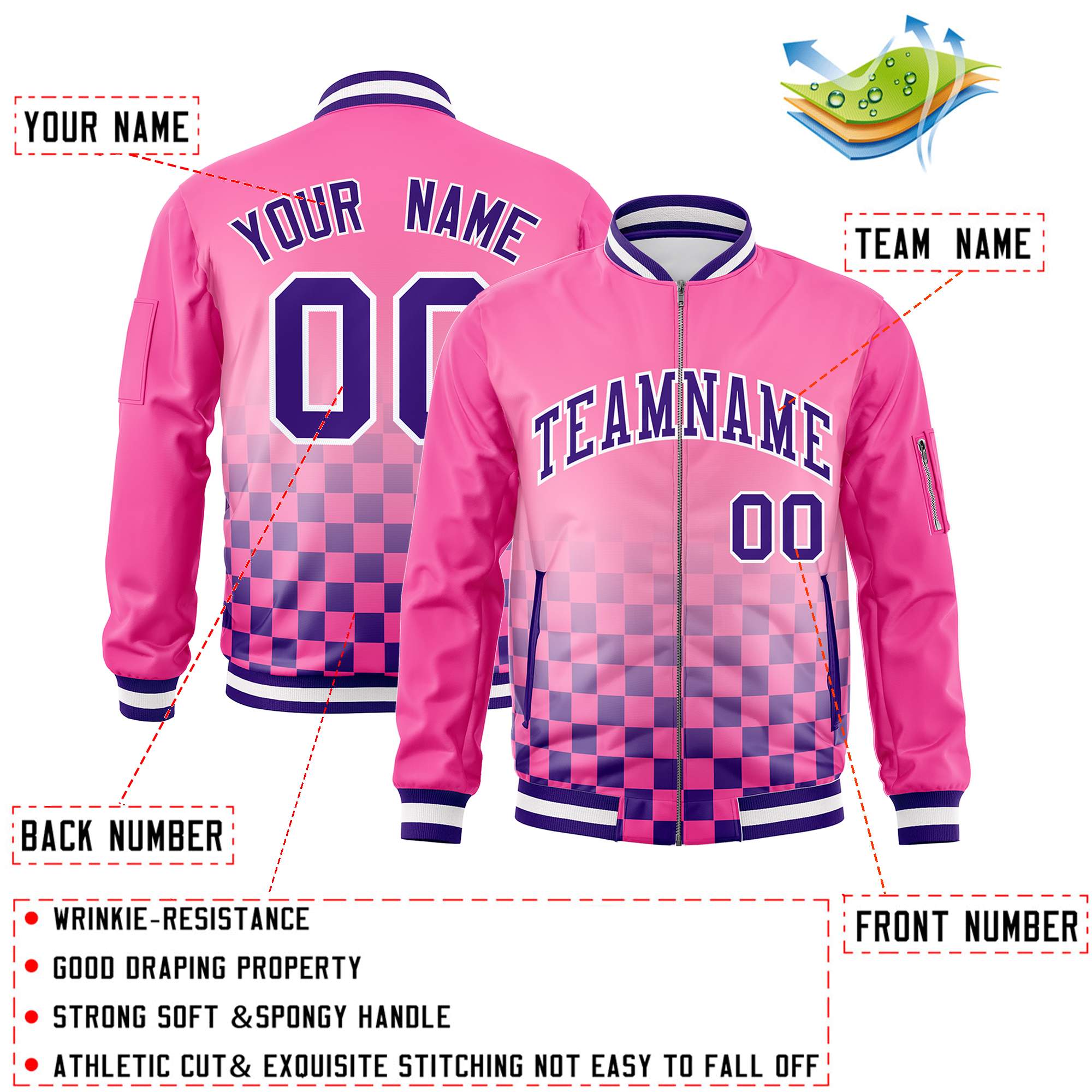 Custom Pink Purple-White Grid Varsity Full-Zip Color Block Letterman Bomber Jacket