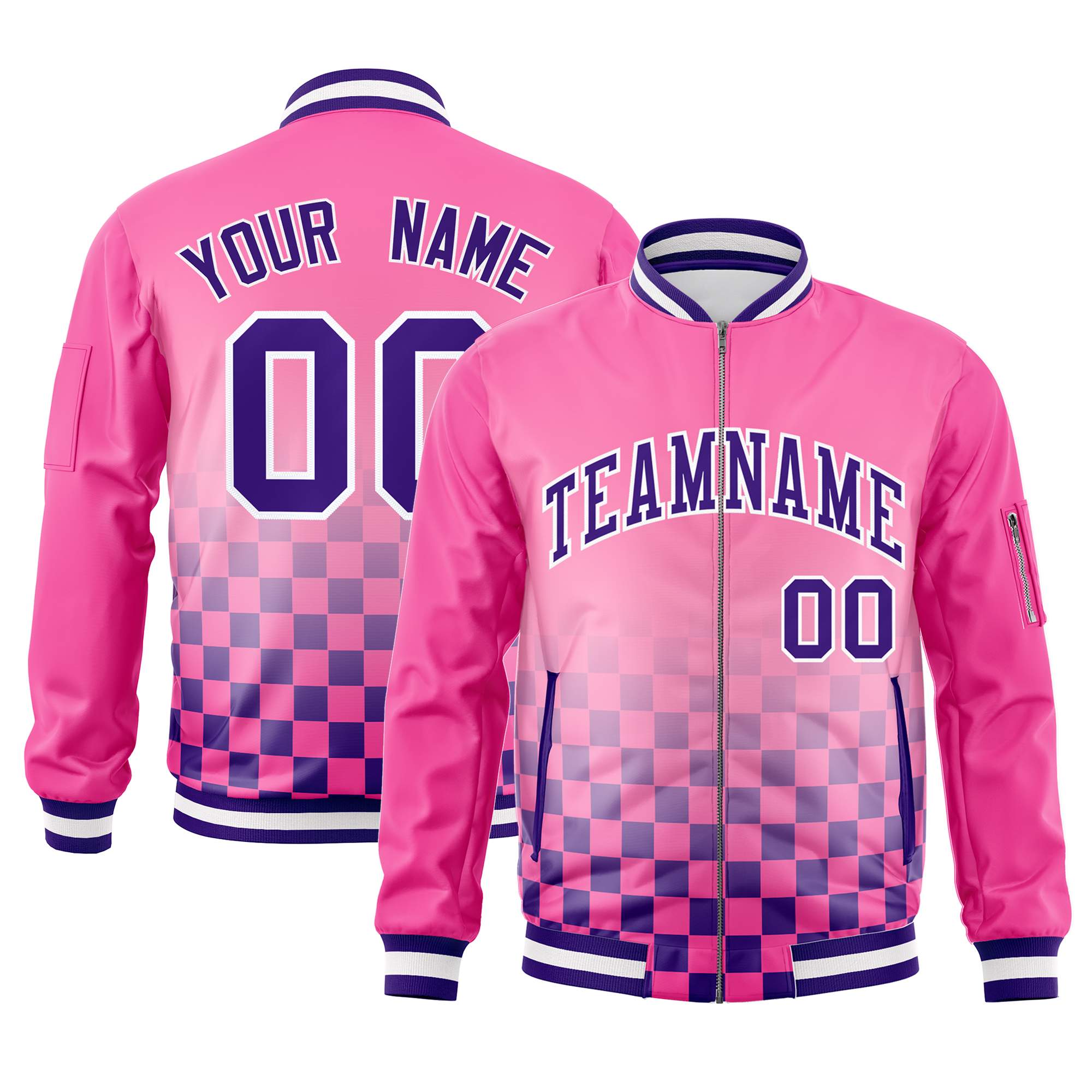 Custom Pink Purple-White Grid Varsity Full-Zip Color Block Letterman Bomber Jacket